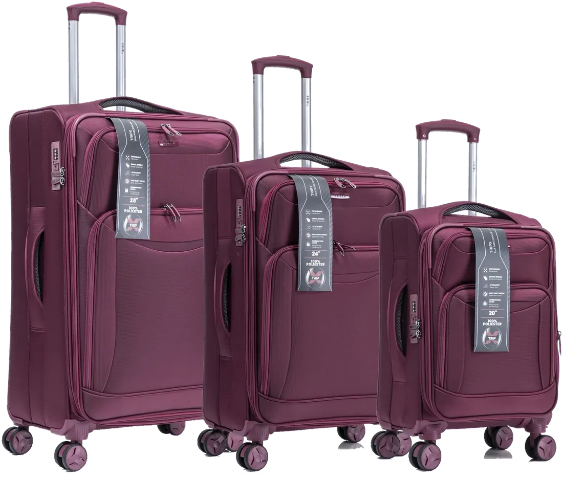 Kit de 3 malas TRIPx LT2305#3 em poliéster super leve, na cor vinho