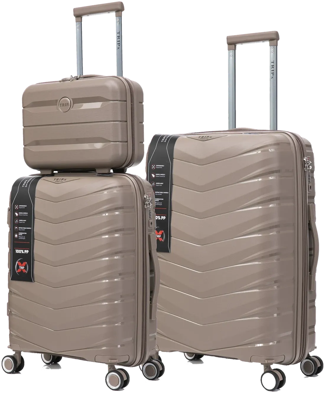 Kit de 3 malas TRIPx PP0015 em polipropileno, na cor champanhe